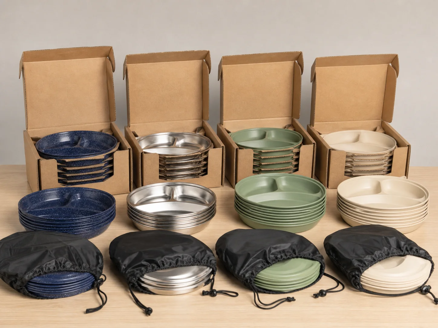 Camping plate stacks storage sleeves and retail packaging