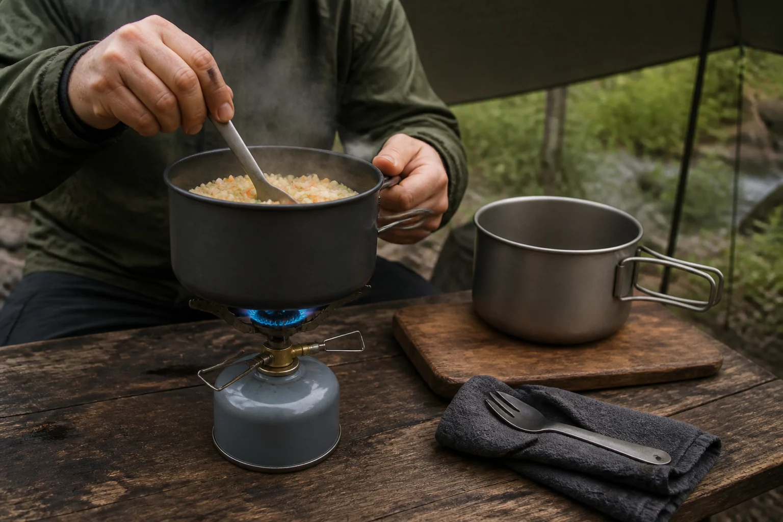 Aluminum camping pot cooking on a canister stove beside a titanium pot