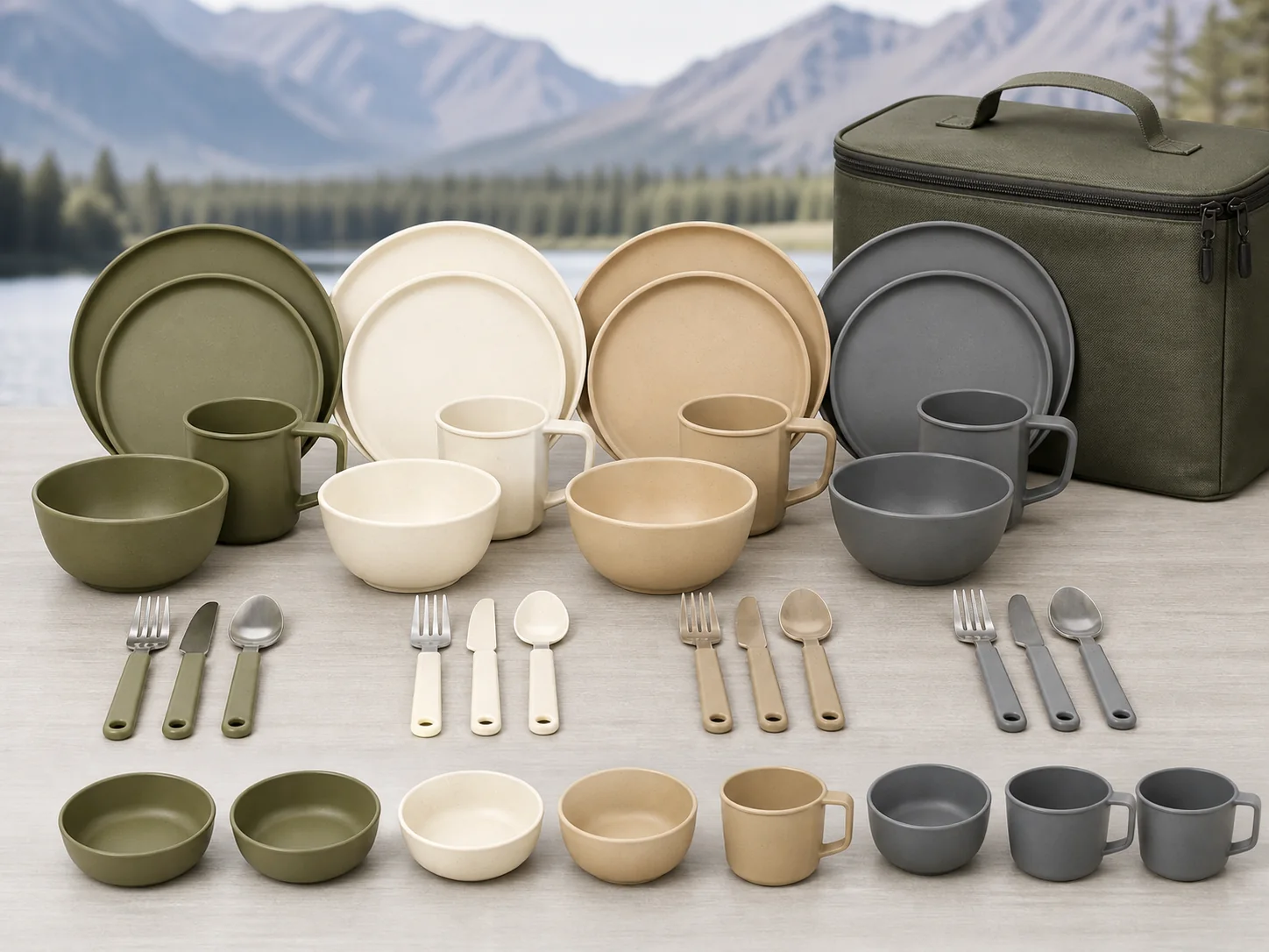 Four-person camping dinnerware set with color-coded pieces
