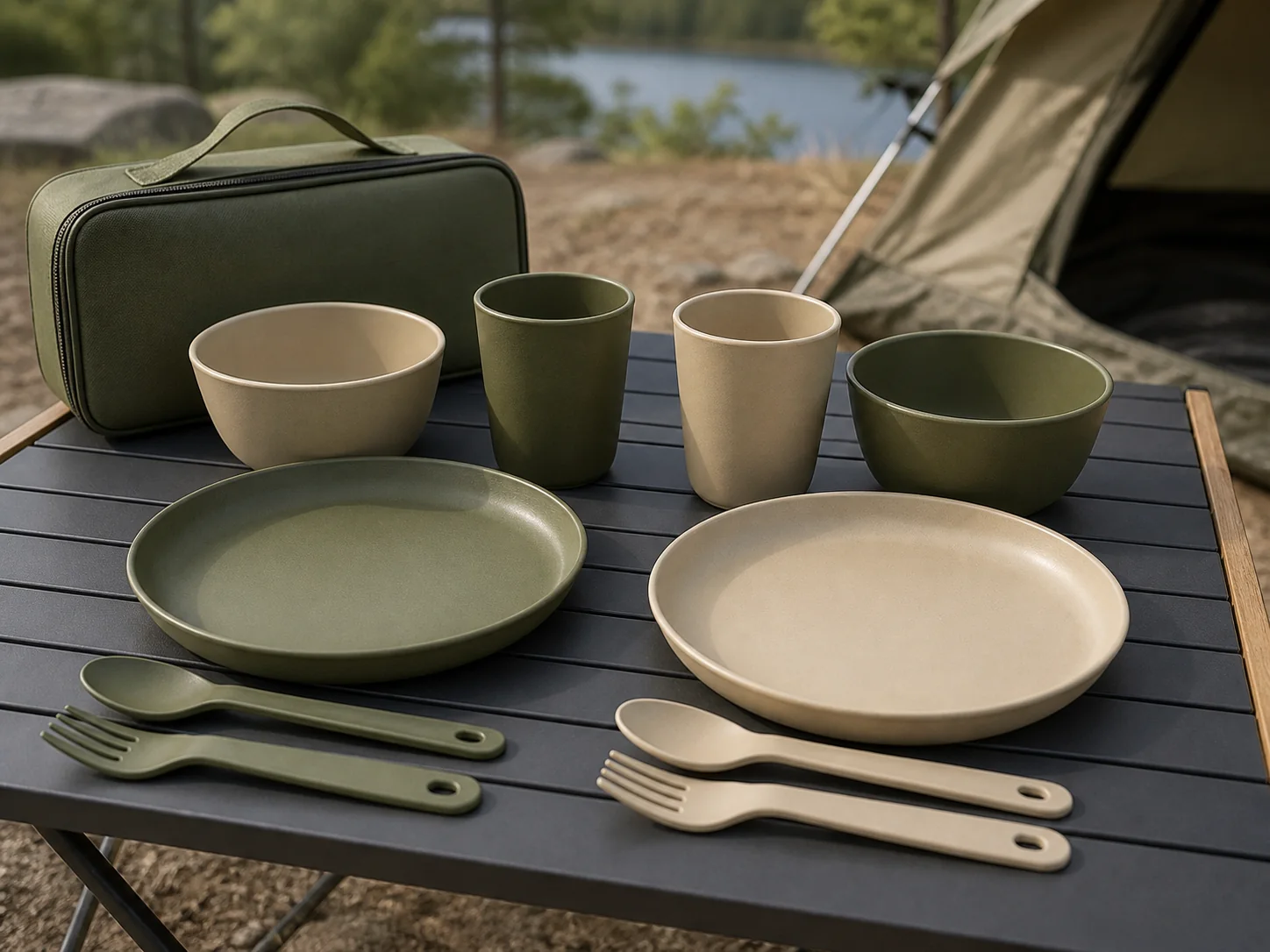 Two-person camping dinnerware set with compact carry case