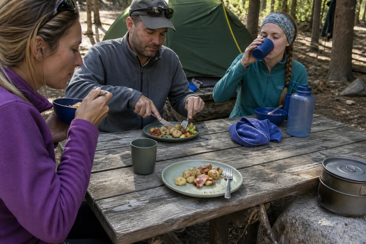 Camping tableware production samples reviewed during a realistic outdoor meal