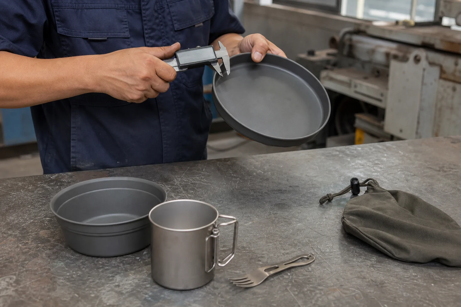 Technician checking a finished camping plate rim with a caliper