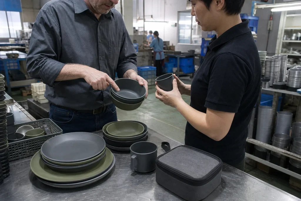 Camping tableware manufacturer checklist reviewed during a realistic factory visit