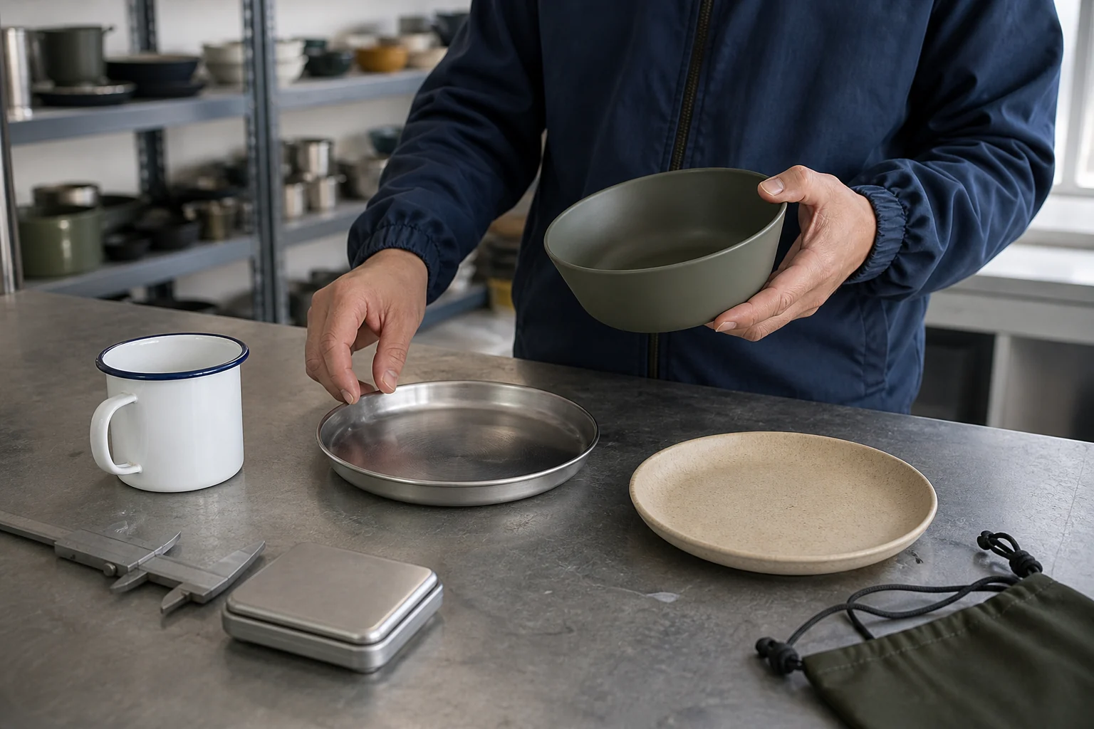 Buyer comparing camping tableware materials and product functions at a workbench