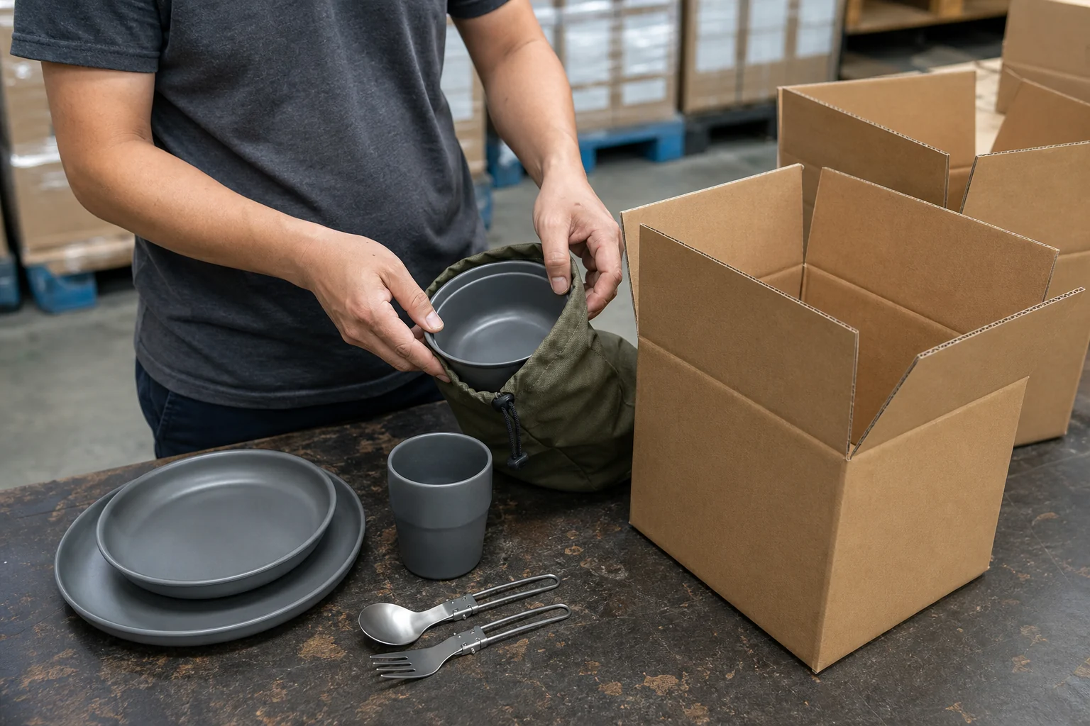 Worker verifying camping dinnerware nesting and pack-out in a plain carton