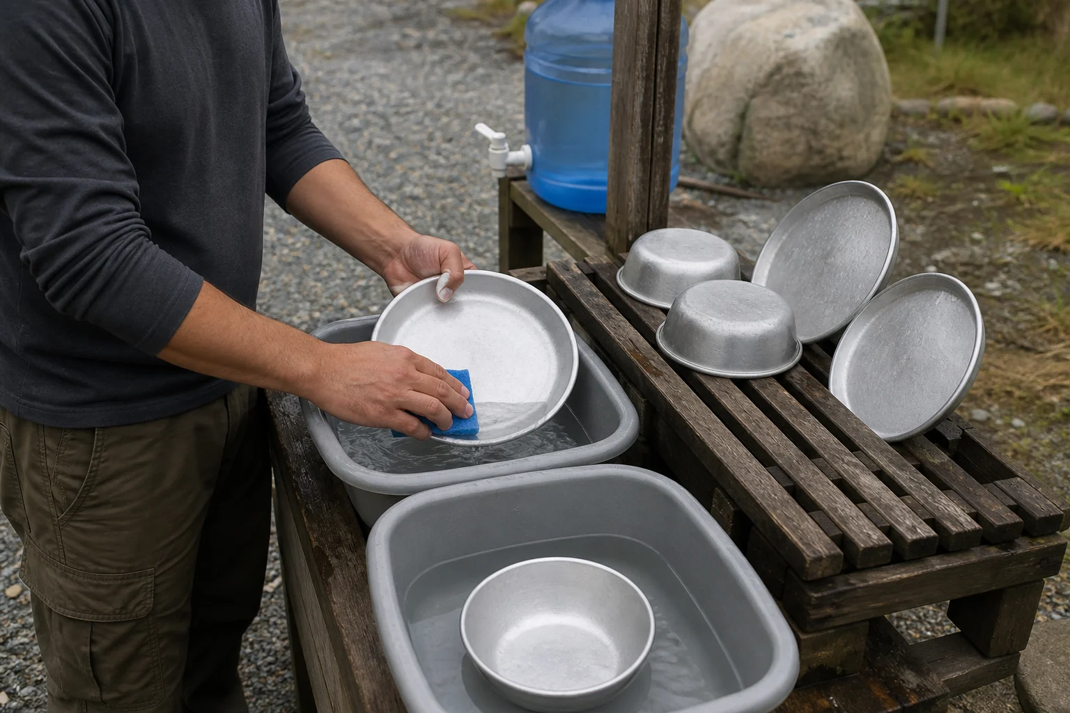 Camper cleaning aluminum plates and bowls at a wash station