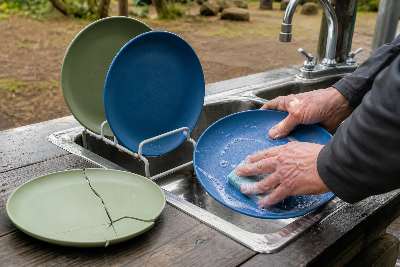 Melamine camping plates being washed while a cracked plate is removed from service