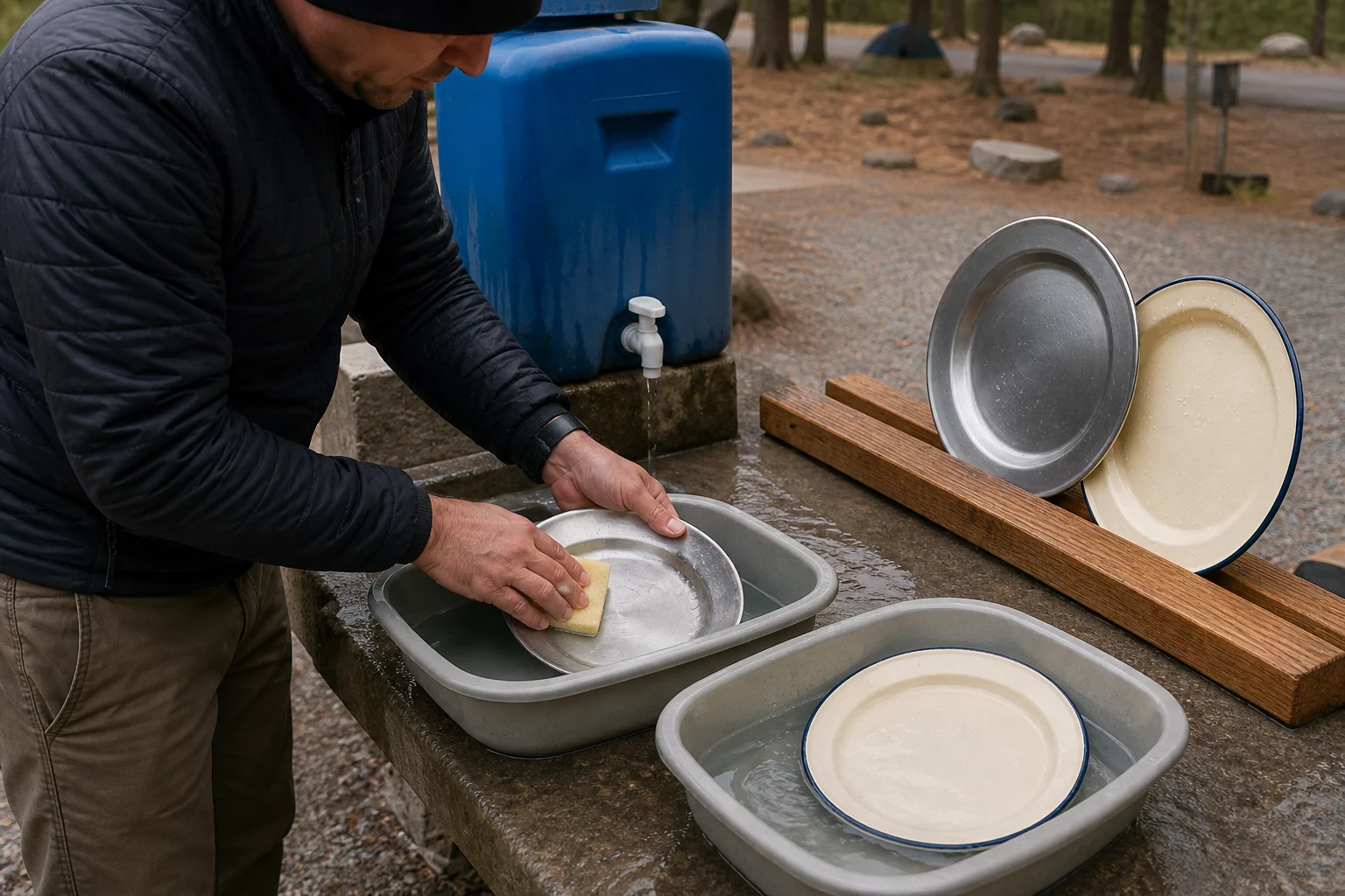 Camper washing stainless steel and enamel plates at a campground station
