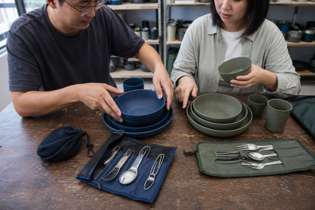 Custom camping dinnerware MOQ discussion using two realistic set configurations
