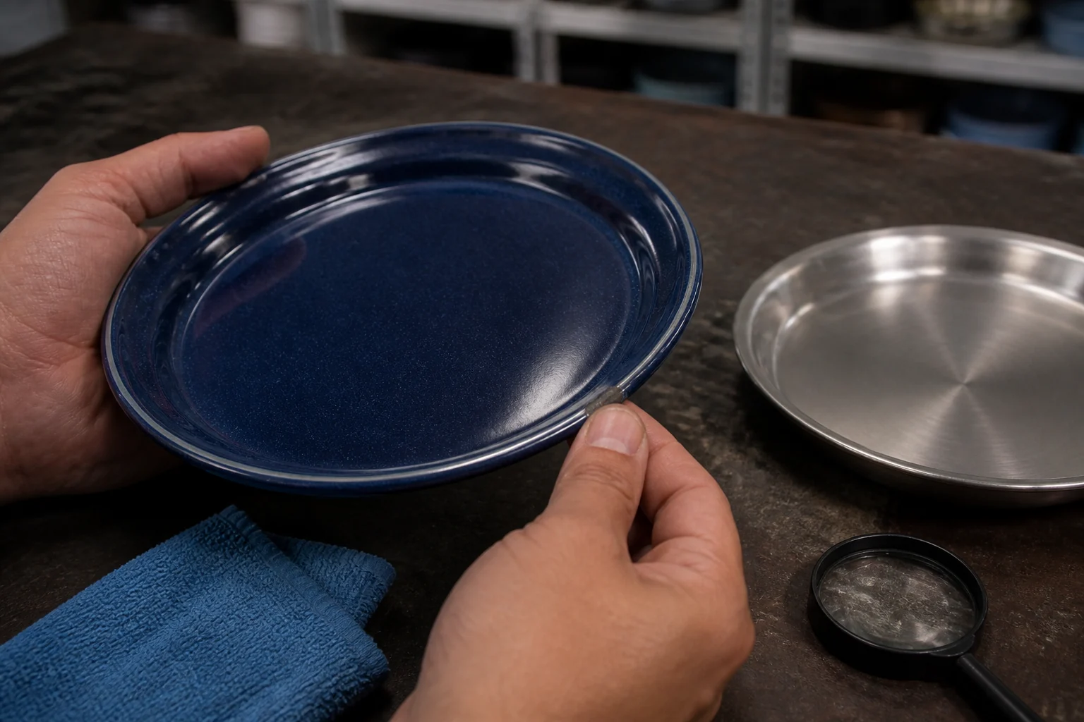 Buyer inspecting a small rim chip on an enamel camping plate beside stainless steel