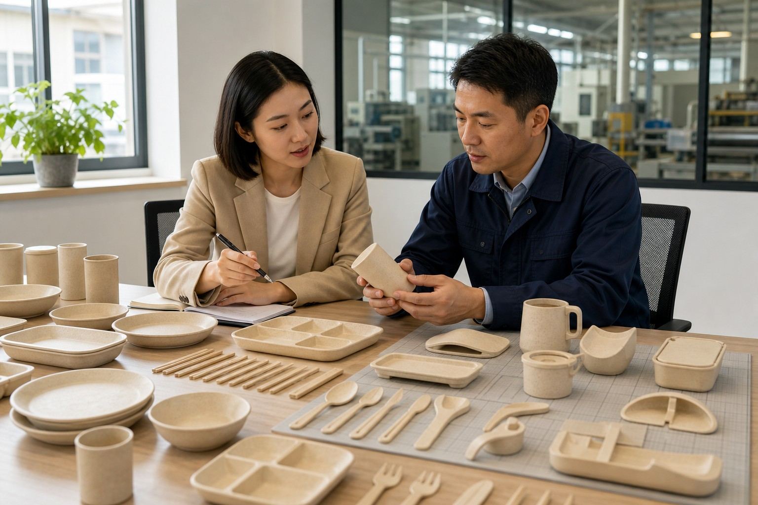Factory manager comparing wheat straw tableware samples