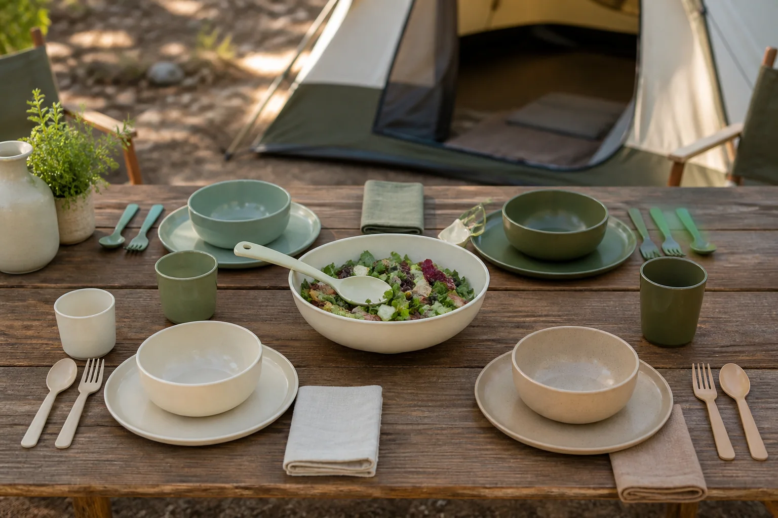 Family camping mess kit with color-coded reusable place settings