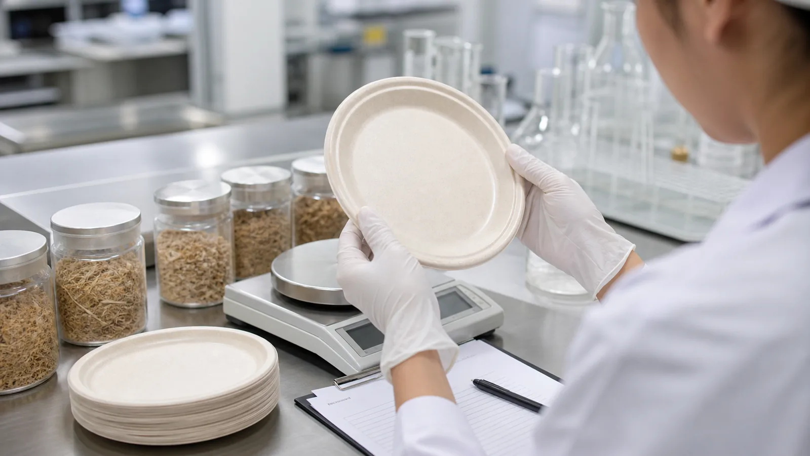 Factory technician inspecting wheat straw plates and controlled raw material samples