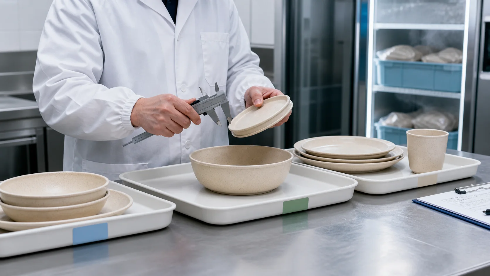 Quality technician checking wheat straw tableware dimensions after freeze-thaw conditioning