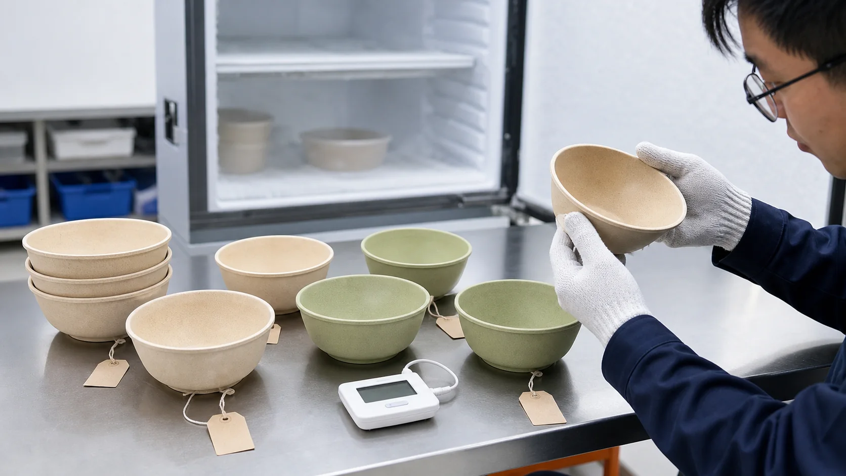 Technician inspecting wheat straw bowls after controlled frozen storage