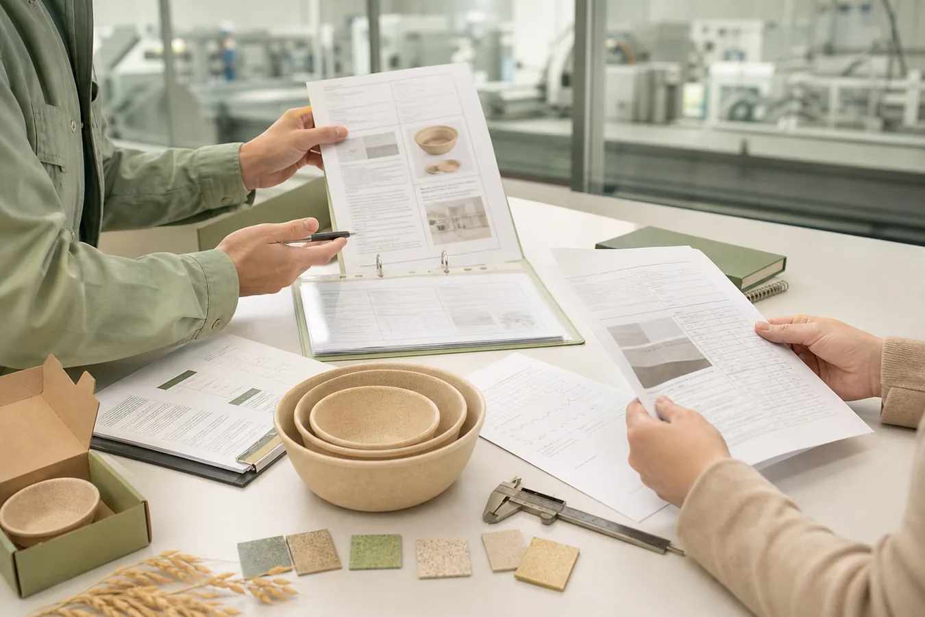 Buyer and factory engineer reviewing GPSR technical documentation