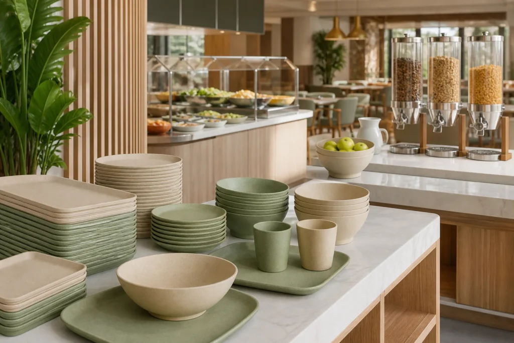 Reusable wheat straw tableware arranged for a hotel breakfast buffet