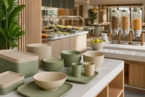 Reusable wheat straw tableware arranged for a hotel breakfast buffet