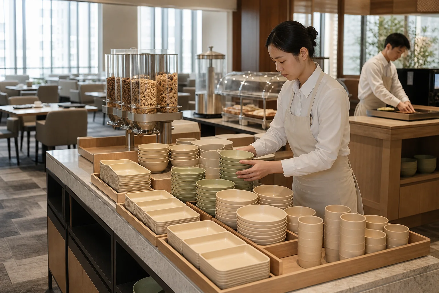 Hotel breakfast team testing wheat straw tableware stacking and buffet service flow