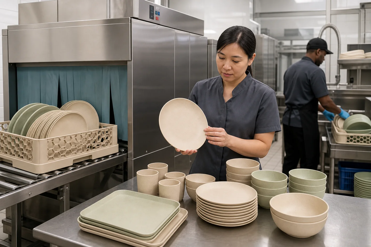Hotel staff inspecting wheat straw tableware after commercial warewashing