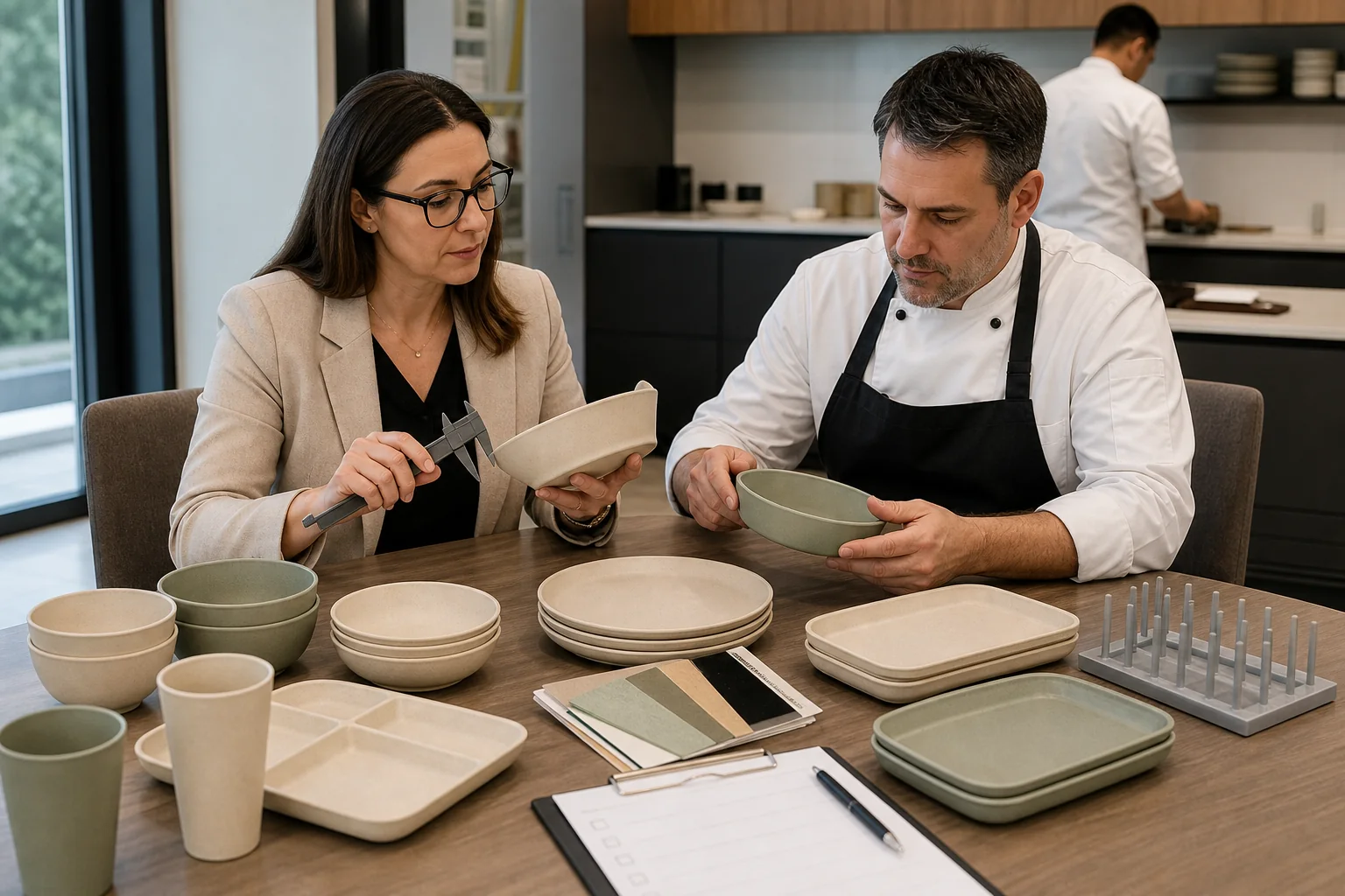 Hotel procurement manager and chef reviewing wheat straw tableware samples