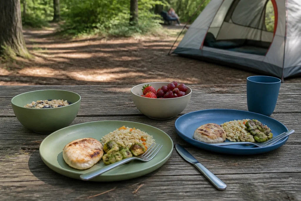 Melamine camping dinnerware safety shown in a realistic family campsite meal