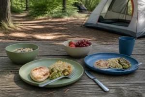 Melamine camping dinnerware safety shown in a realistic family campsite meal