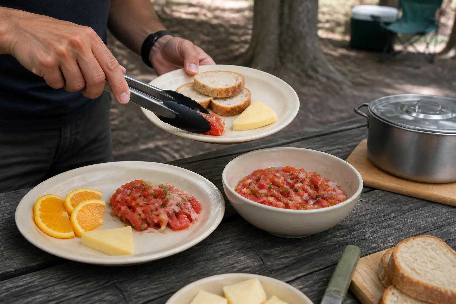 Room-temperature food served on melamine camping plates away from direct heat
