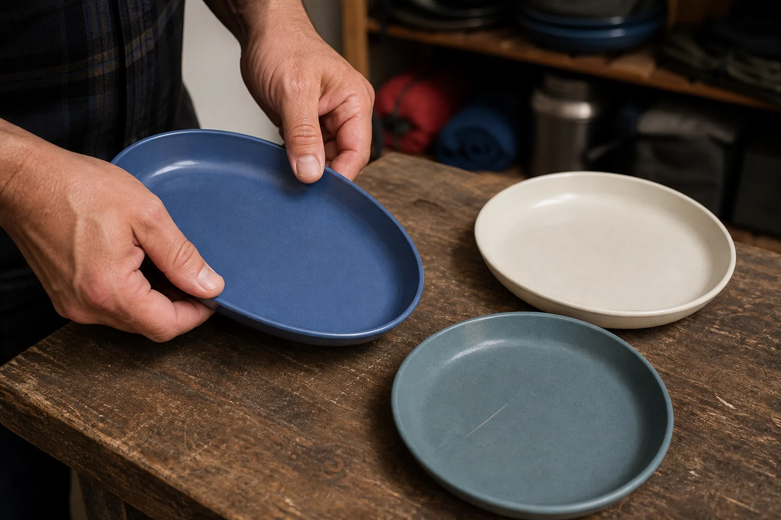 Buyer inspecting the rim and surface wear of melamine camping plates
