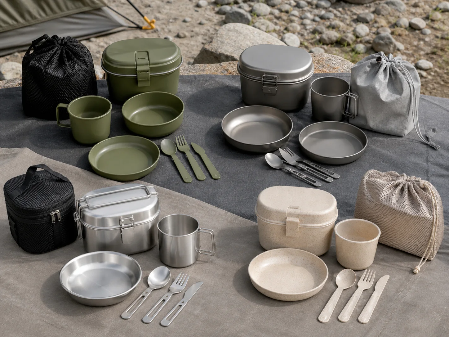 Camping mess kits in PP titanium stainless steel and wheat-straw composite
