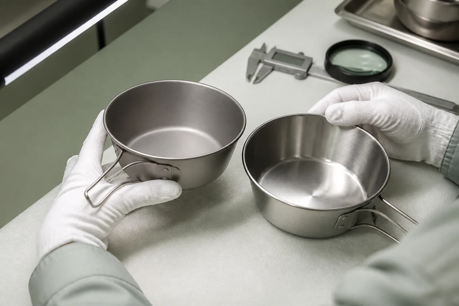 Metal camping tableware rim and finish quality inspection