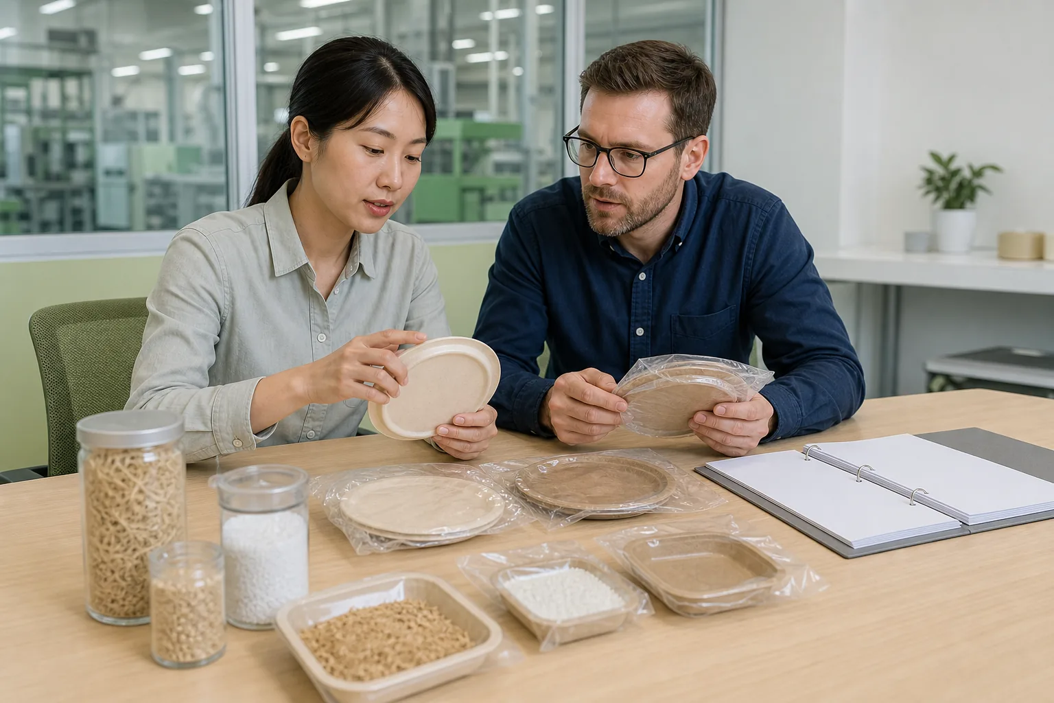 Buyer and materials engineer reviewing microplastic evidence for wheat straw tableware
