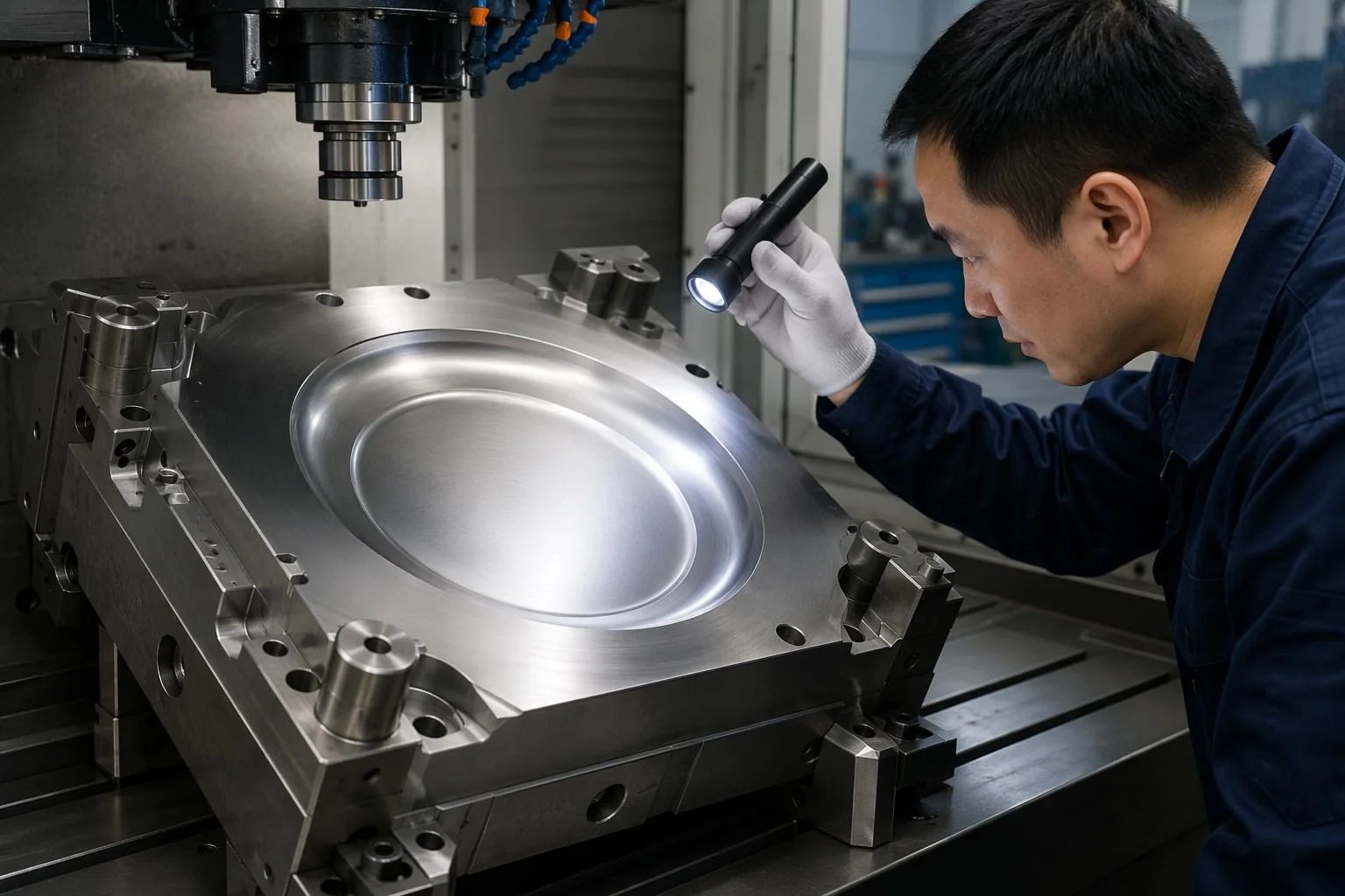 Engineer reviewing a precision tableware mold beside CNC equipment