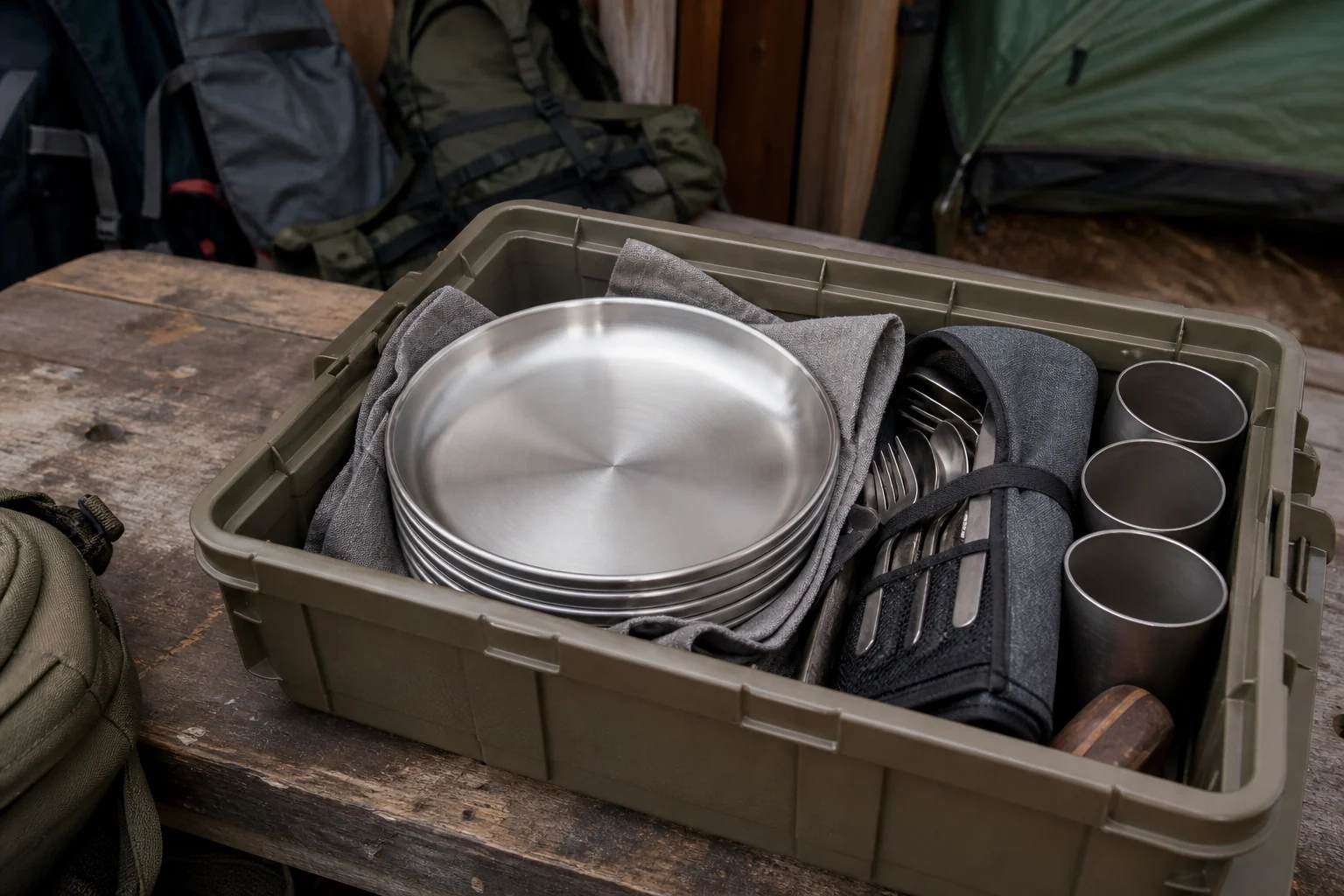 Nested stainless camping plates packed with cloth separators in a gear crate