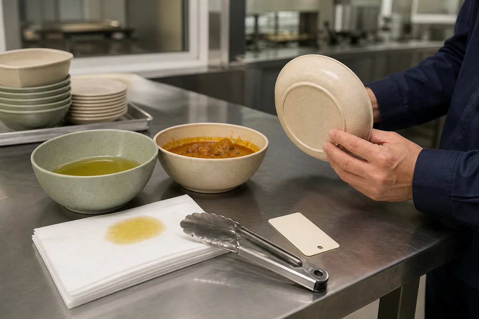 Oily food contact performance review for wheat straw tableware Inspector evaluating wheat straw bowls after contact with oily food conditions