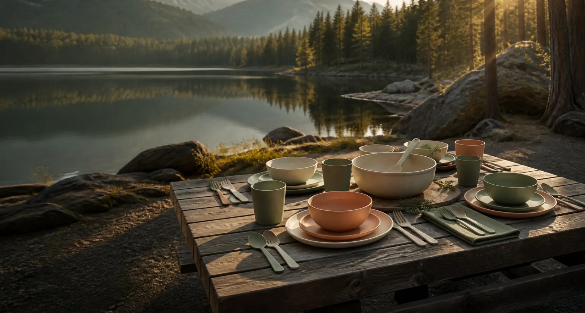 Outdoor dinnerware arranged at a lakeside campsite