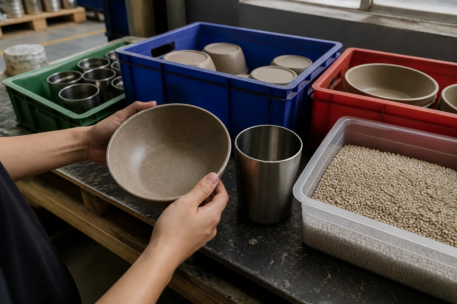Outdoor tableware material and component control at a factory receiving bench