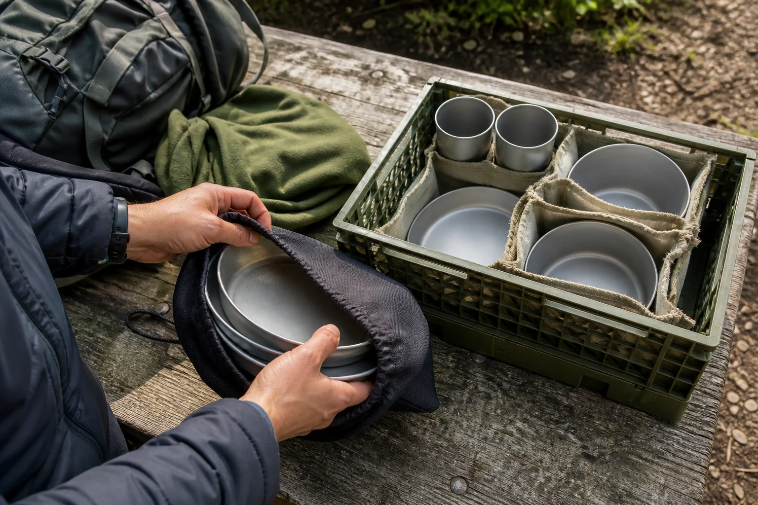 Aluminum camping tableware set packed with cloth separators