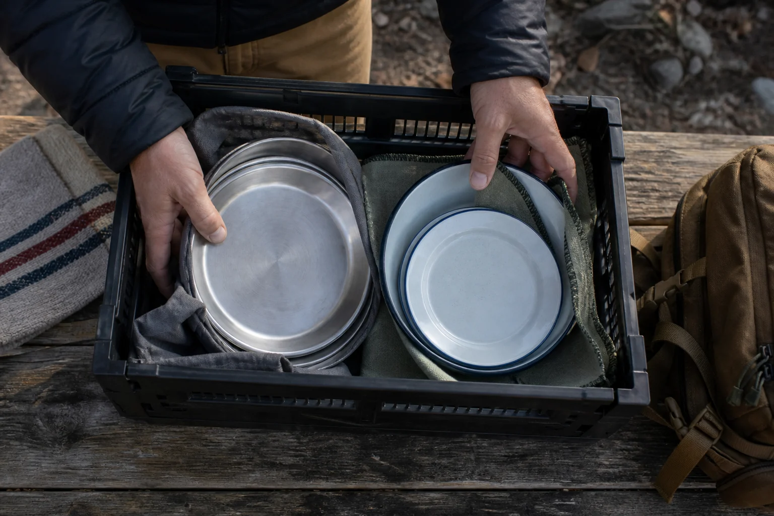 Stainless steel and enamel camping plates packed with cloth dividers