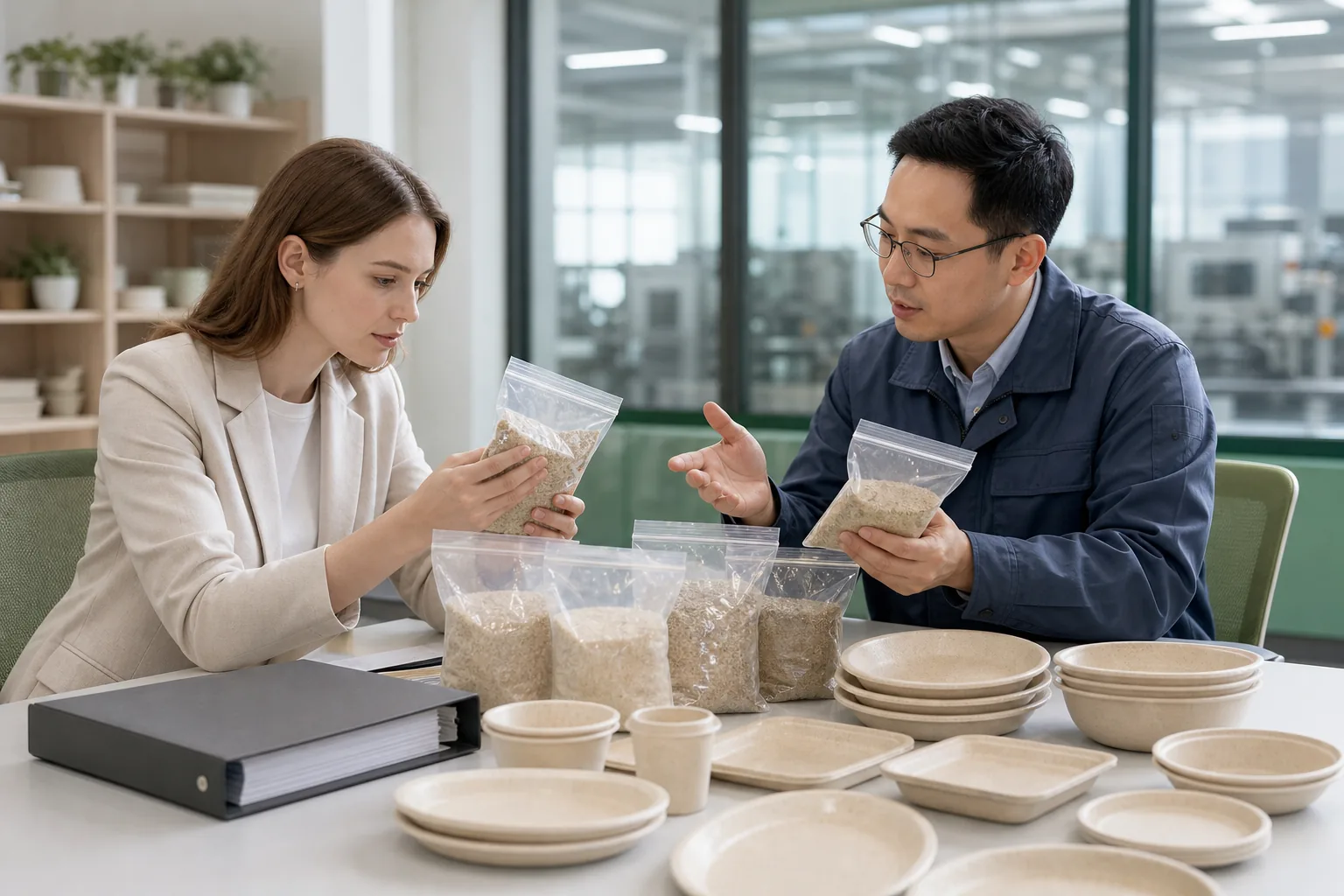 Buyer and supplier reviewing retained samples and PFAS evidence for wheat straw tableware