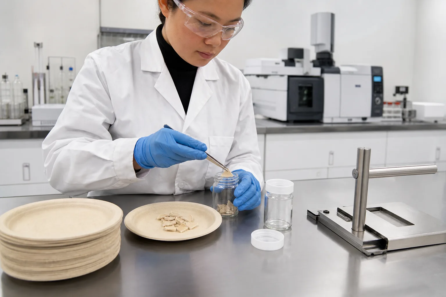 Laboratory technician preparing wheat straw tableware samples for PFAS-related testing