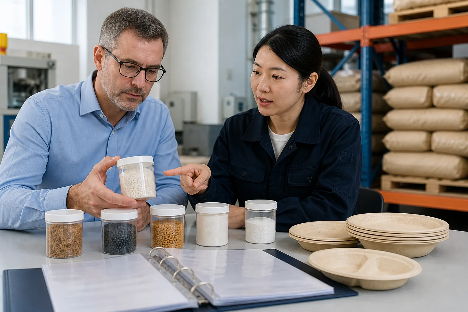 Buyer and materials engineer reviewing PFAS-related inputs for wheat straw tableware