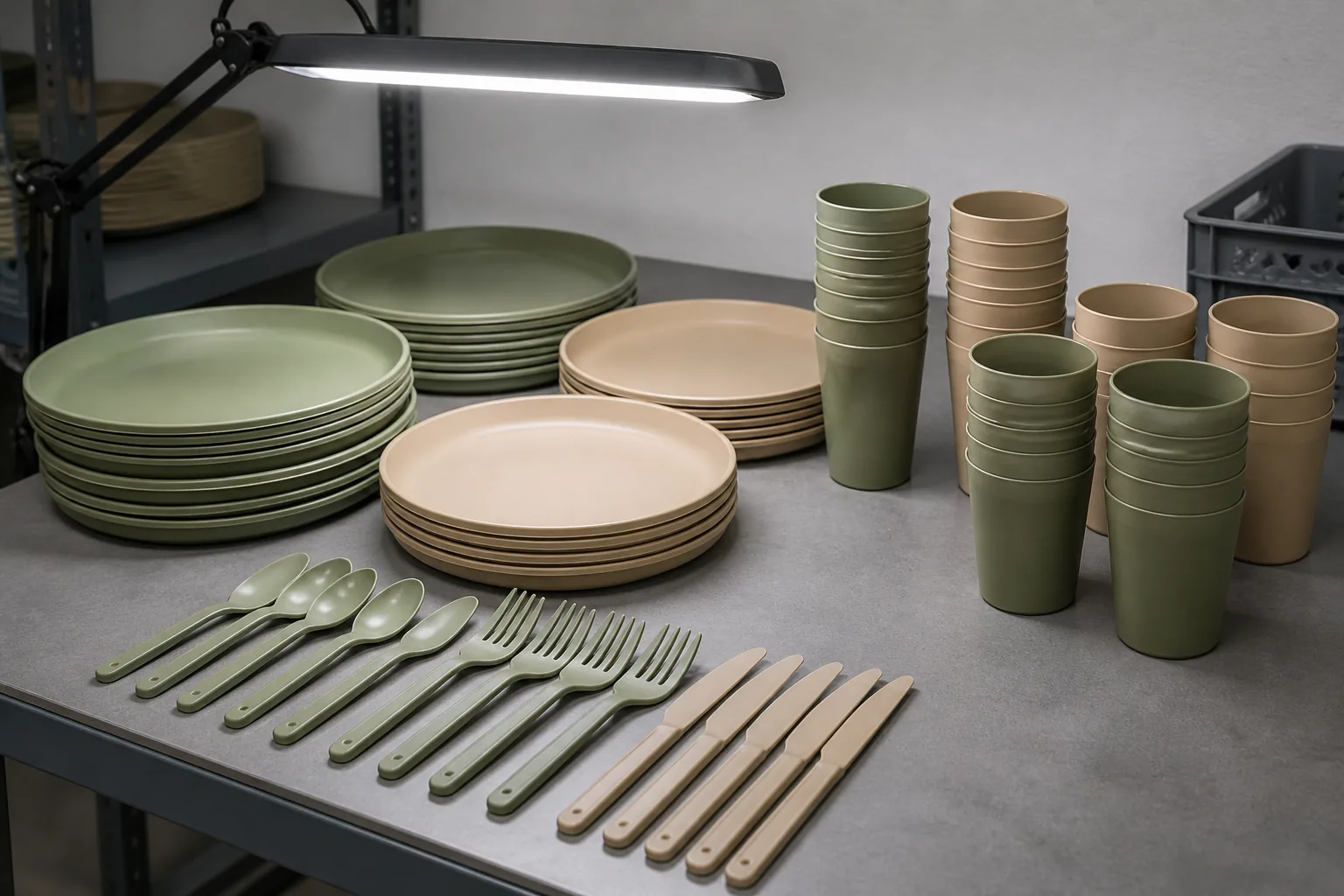 PP Camping Dinnerware Visual Quality Review Concept PP camping dinnerware pieces arranged for a generic visual quality review