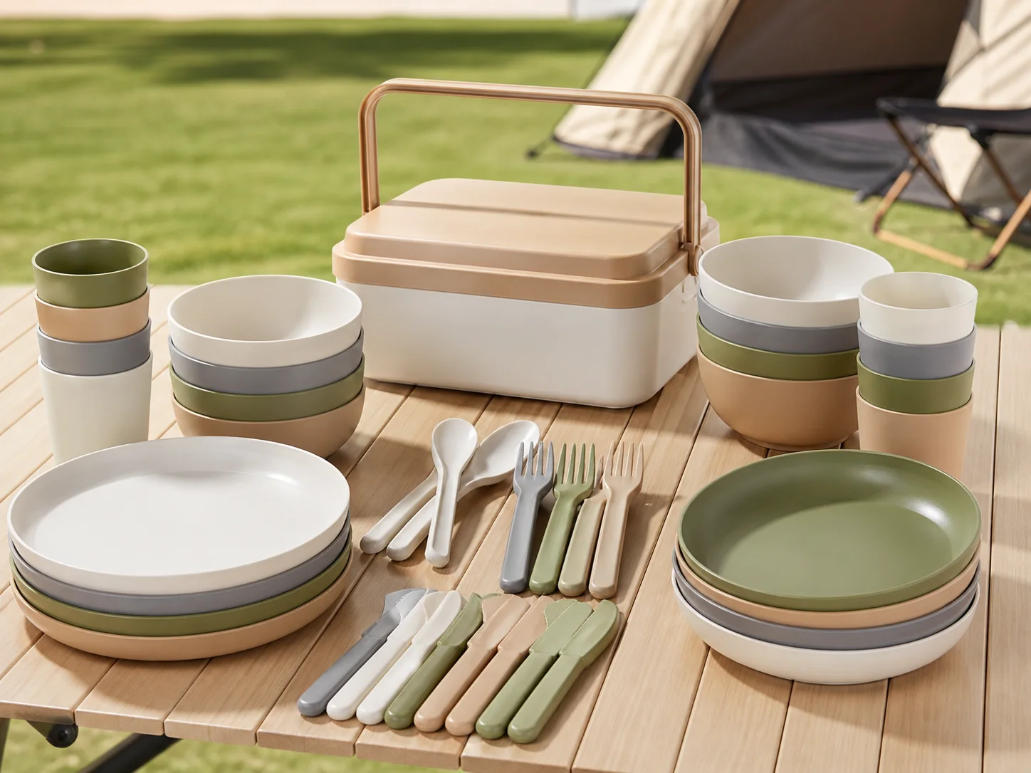 Reusable PP camping dinnerware family set with storage box