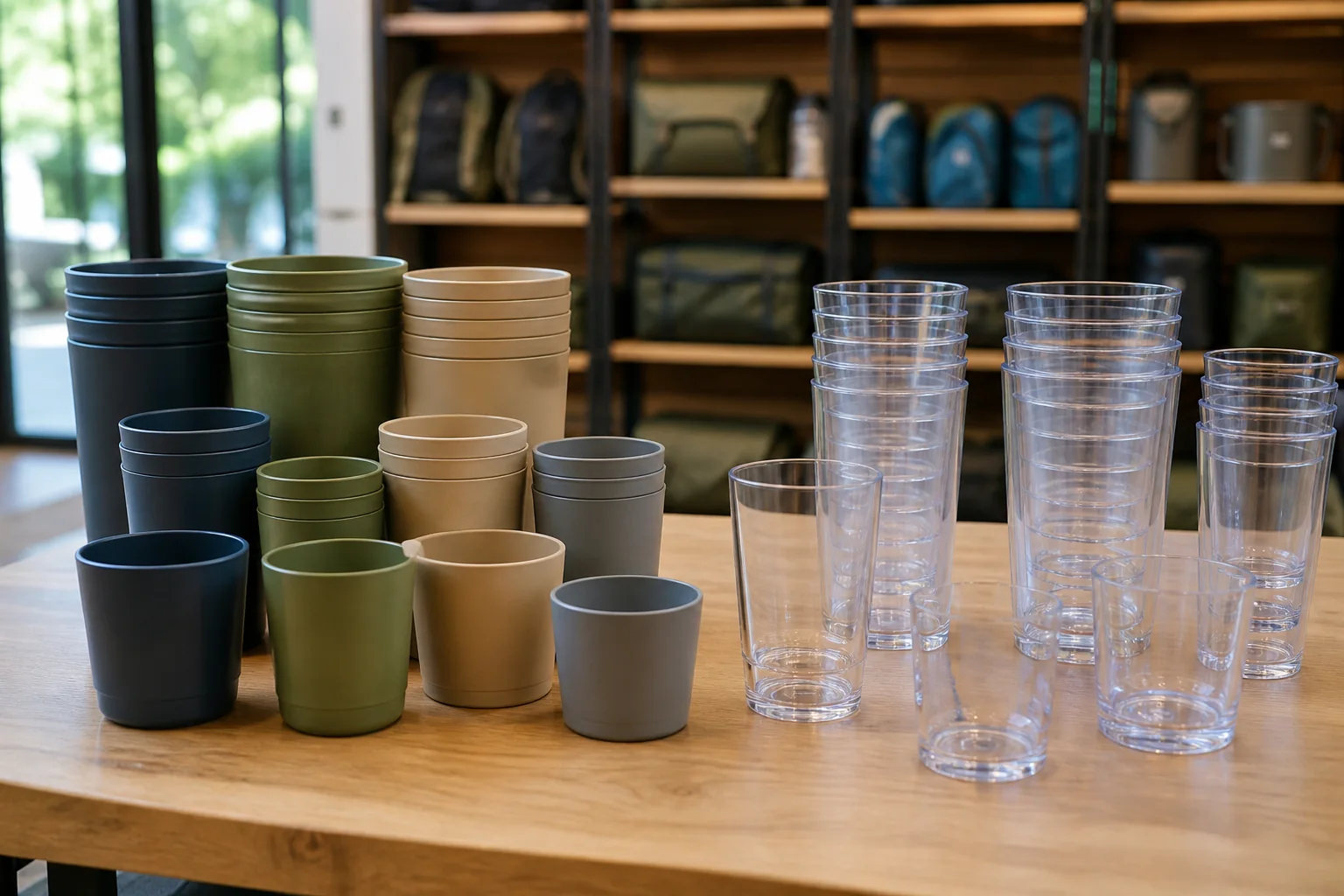 PP and Tritan style camping cup families arranged for outdoor retail assortment review