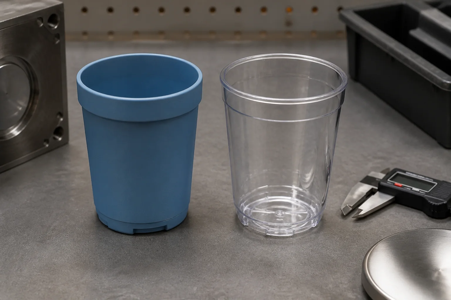Opaque PP and clear Tritan style camping cup samples on a neutral buyer review bench