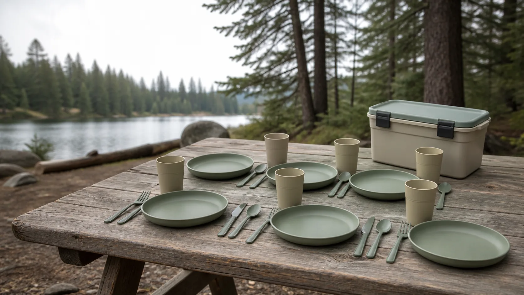 Six-person PP camping dinnerware set concept arranged at a lakeside campsite