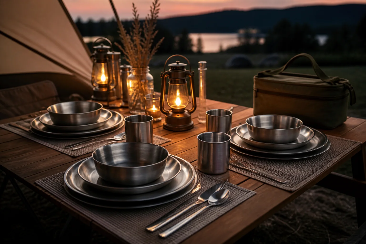 Stainless steel camping tableware used for premium glamping dining