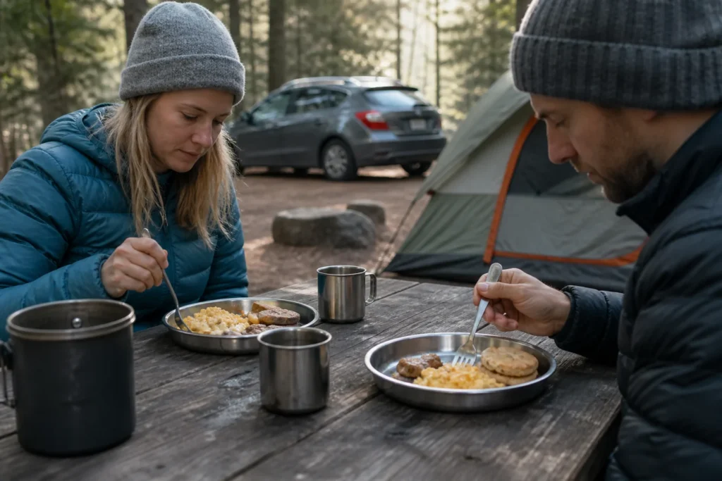 Stainless steel plates for camping used at a forest campsite table