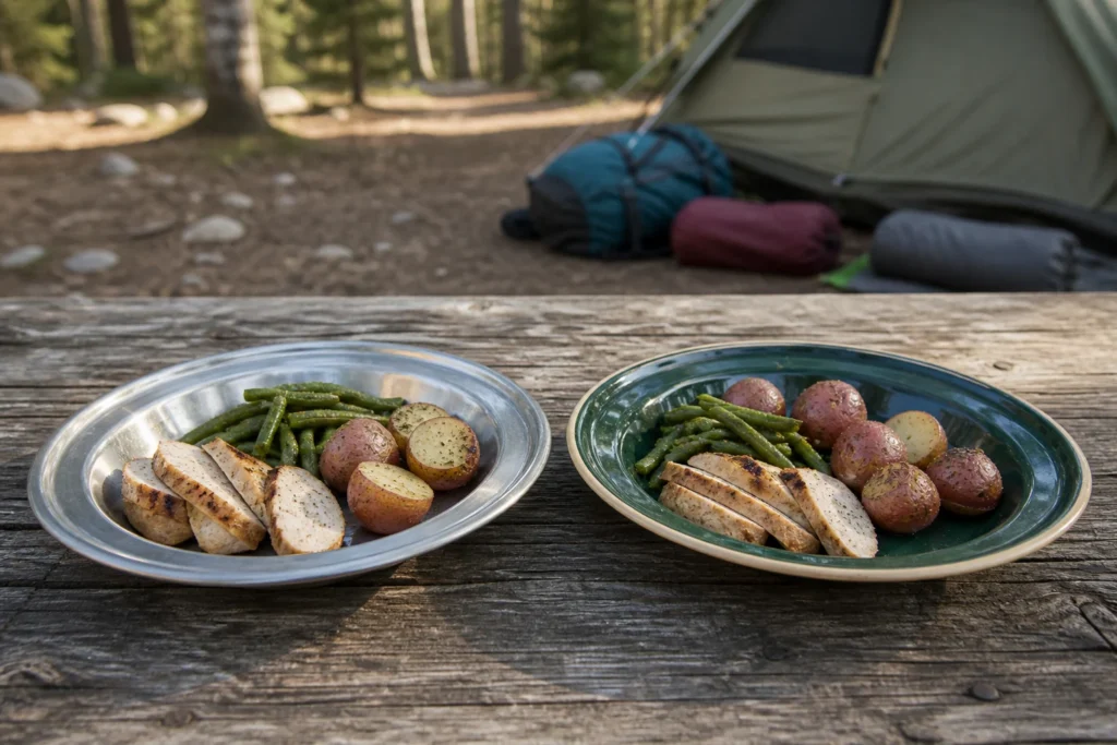 Stainless steel and enamel camping plates compared at a real campsite meal
